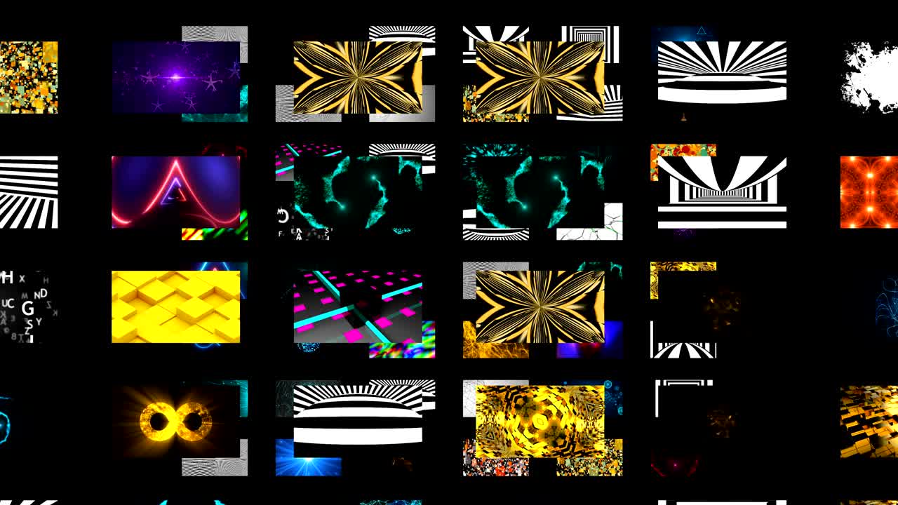 muchos diferentes papeles de pared abstractos brillantes en el espacio negro, renderización 3d