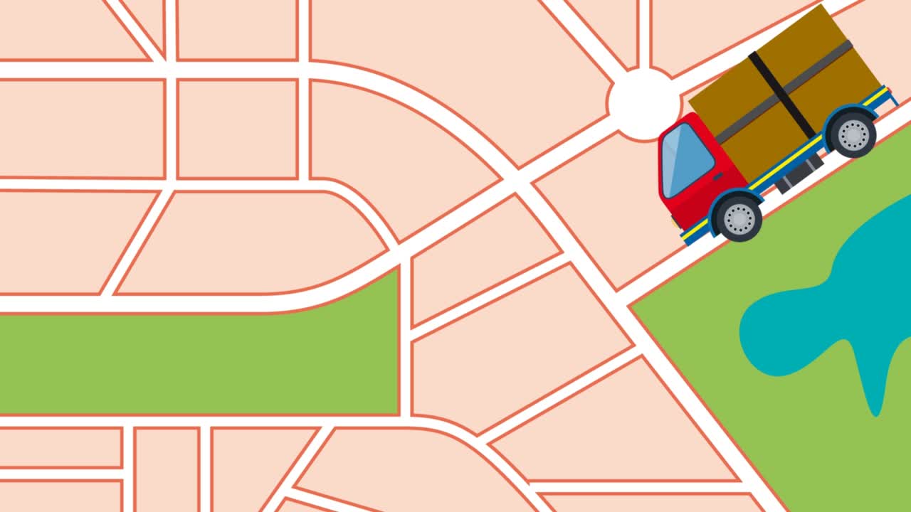 grandes paquetes en camiones en la carretera del mapa de la ciudad para entregar la caja. ilustración animada