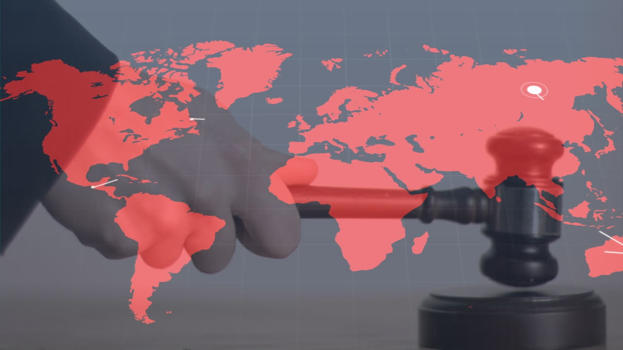 Animation of network of connections and world map over hand holding gavel