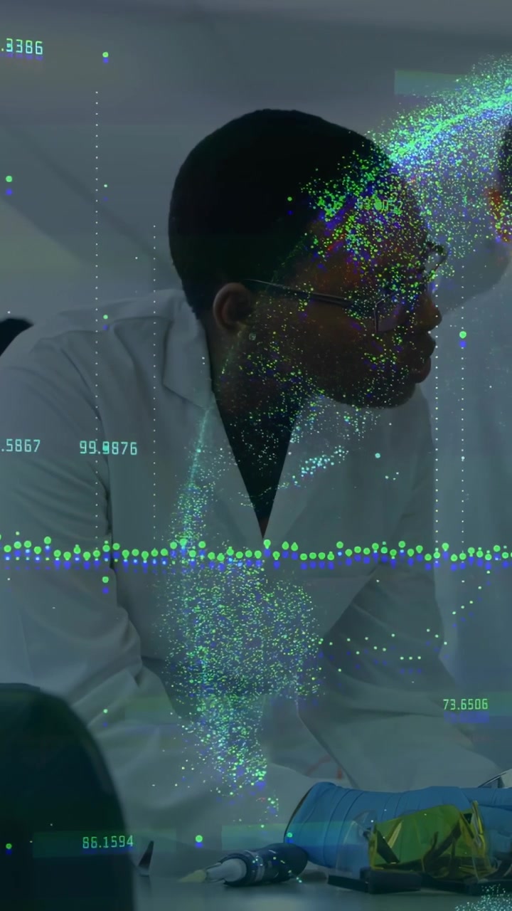 Vertical video: Lab tech pipetting sample to test, starting live data arcs crossing face and torso