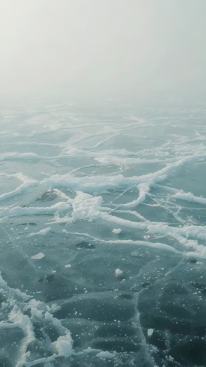 Vertical video: Panning camera revealing sheet ice over lake with thin cracks and ridges for study