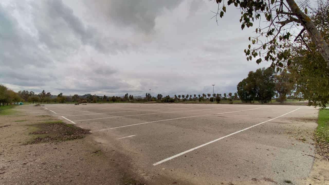 An empty parking lot stretches beneath a heavy sky, marked lines fading into distance as wind moves through isolated trees and open asphalt