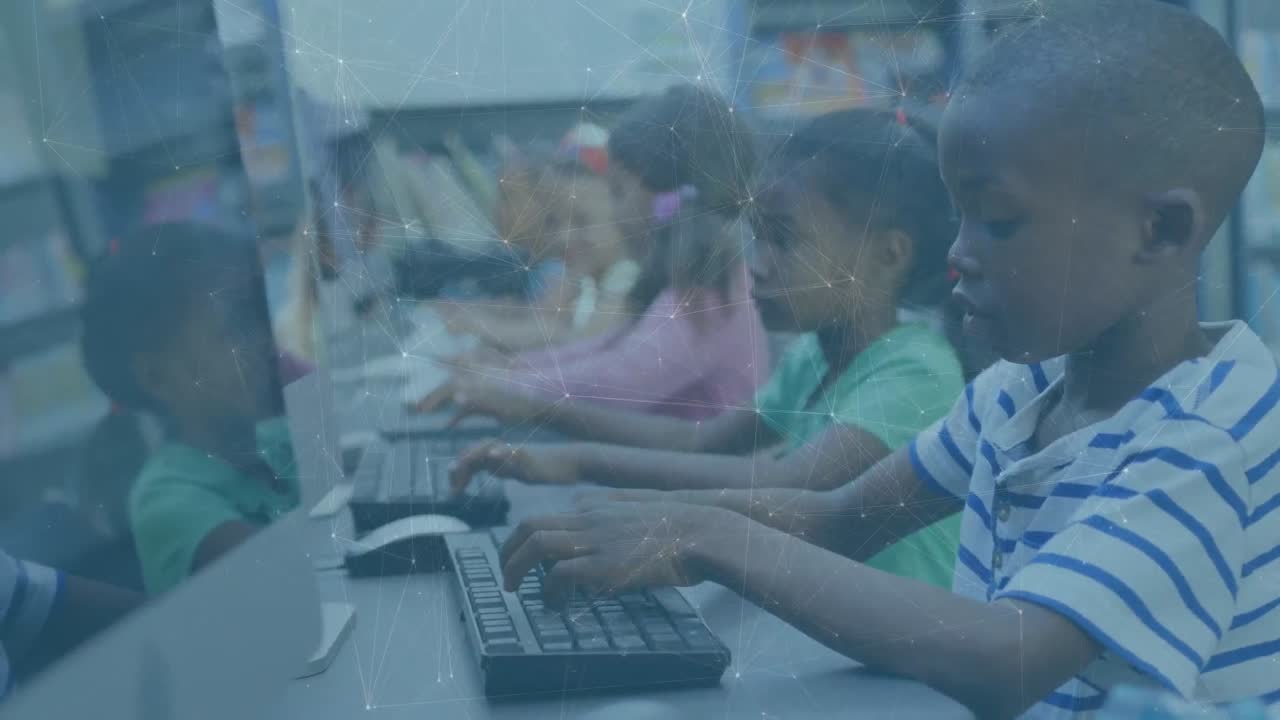 Animation of dots interconnecting with lines and multiracial students using desktop in computer room