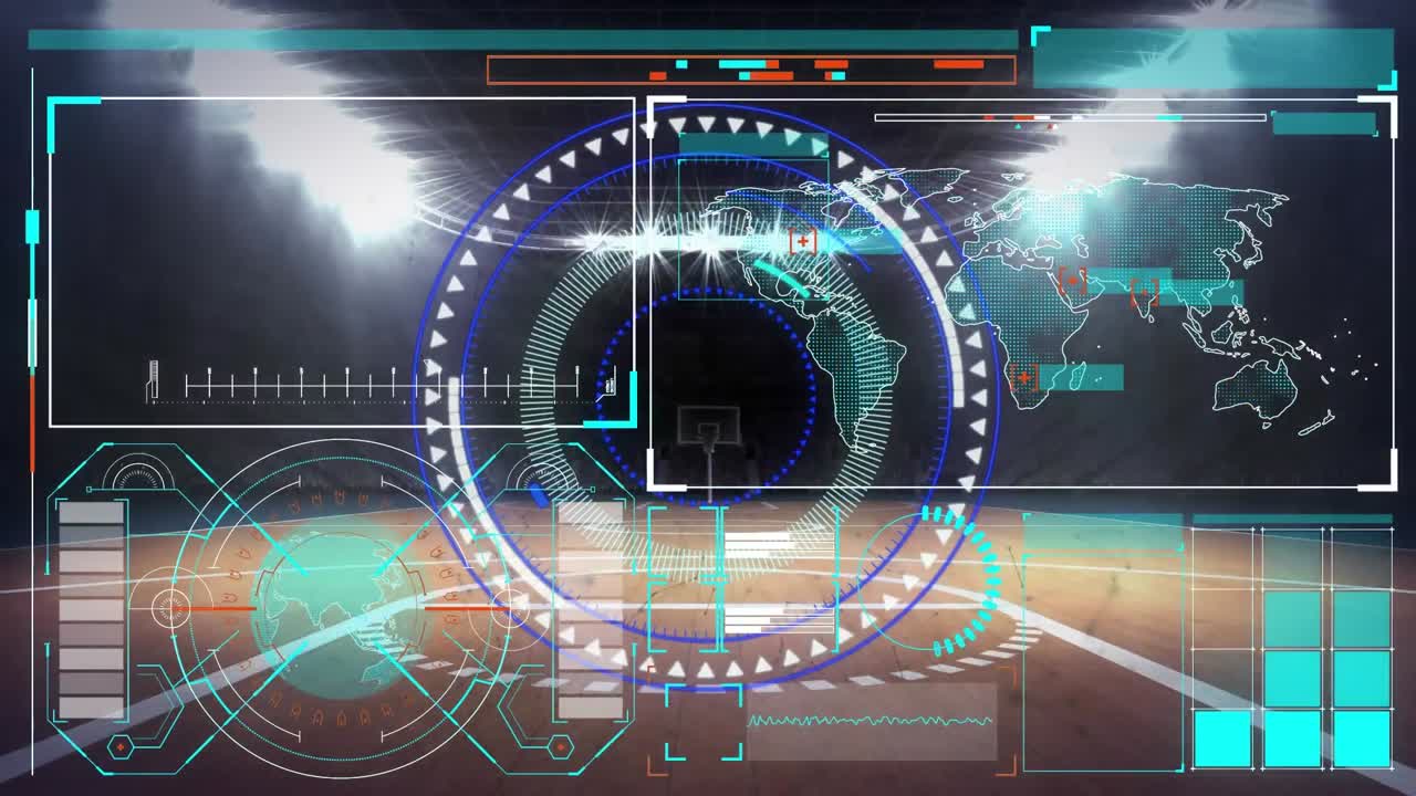 빈 농구 코트에 대한 둥근 스캐너와 데이터 처리 인터페이스의 애니메이션