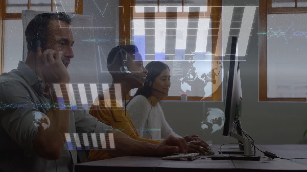 Three coworkers typing and calling, starting live data feed, projecting support charts over desk