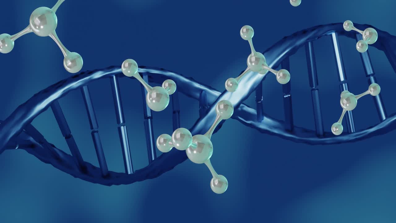 파란색 배경에 분자 및 dna 줄무의 3d 마이크로 애니메이션