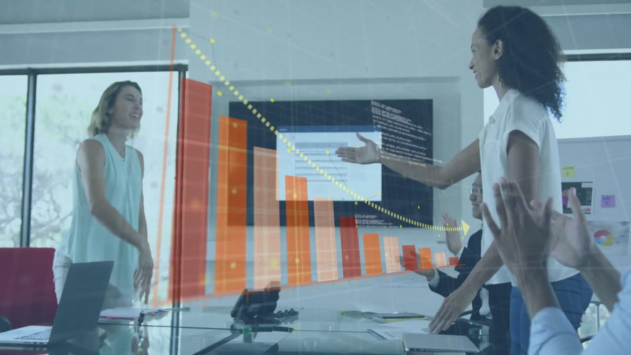 Animation of interface showing data and statistics with businesswomen shaking hands in office