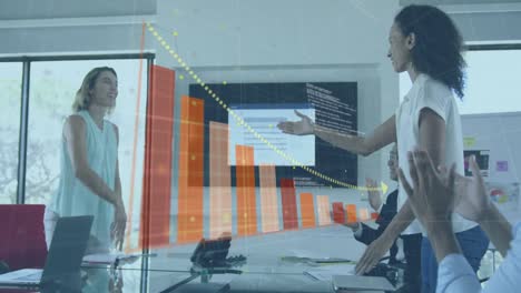 Animation-of-interface-showing-data-and-statistics-with-businesswomen-shaking-hands-in-office