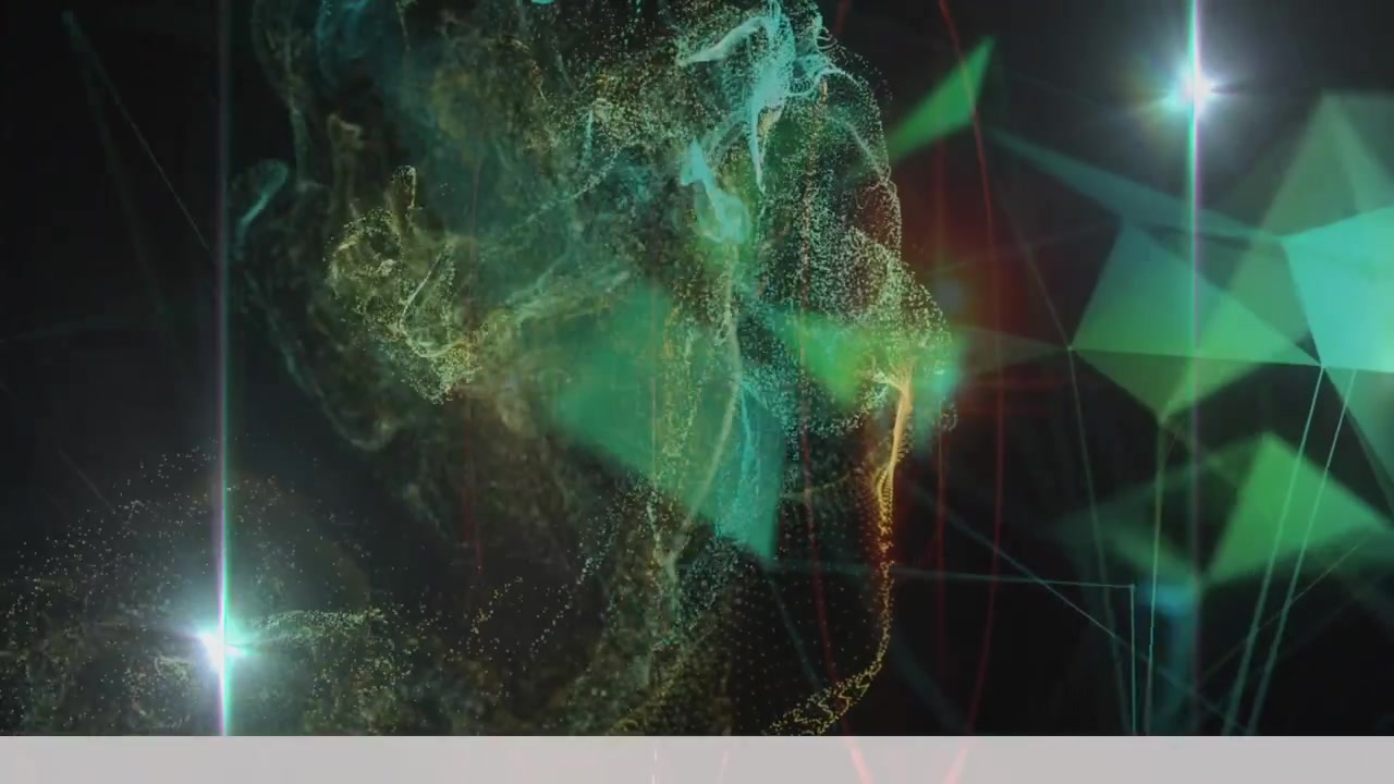 Animation of glowing neon geometrical shapes over dark background