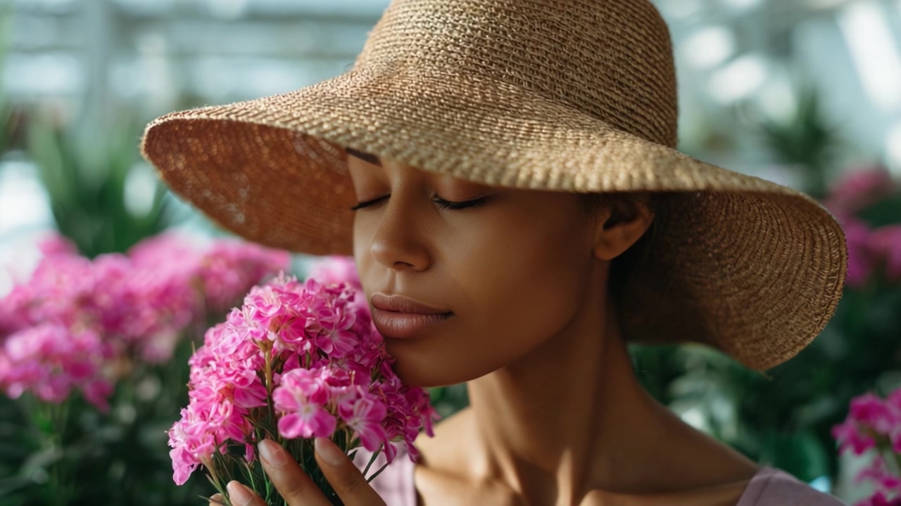Un momento sereno in un giardino fiorito, dove una donna con un cappello abbraccia delicatamente vivaci fiori rosa, incarnando tranquillità e apprezzamento per la bellezza della natura.