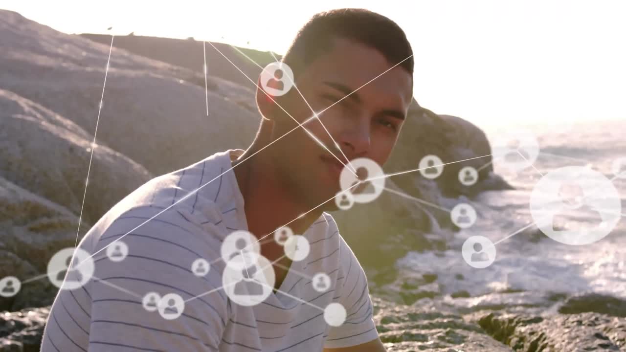 animación de la red de conexiones sobre el hombre en la playa