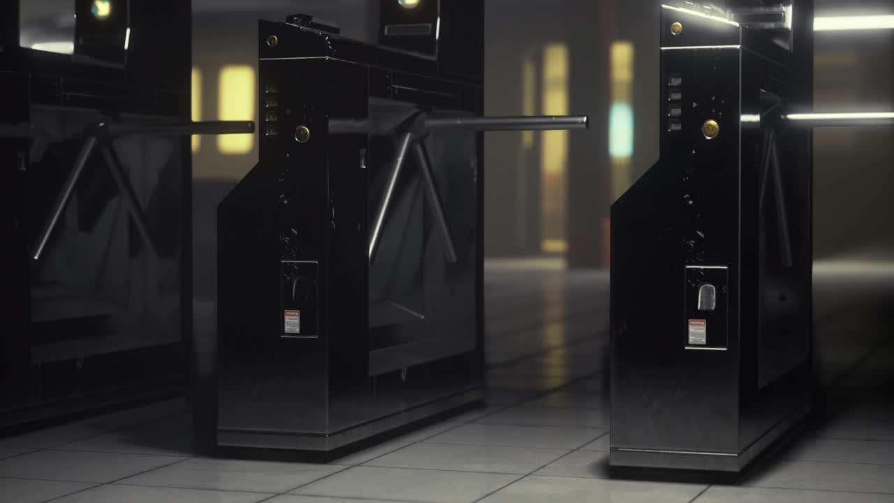 Modern black turnstiles create a sleek entryway in a futuristic setting