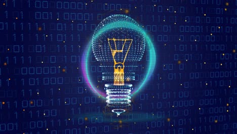 animation of light bulb, neon circle and binary coding data processing