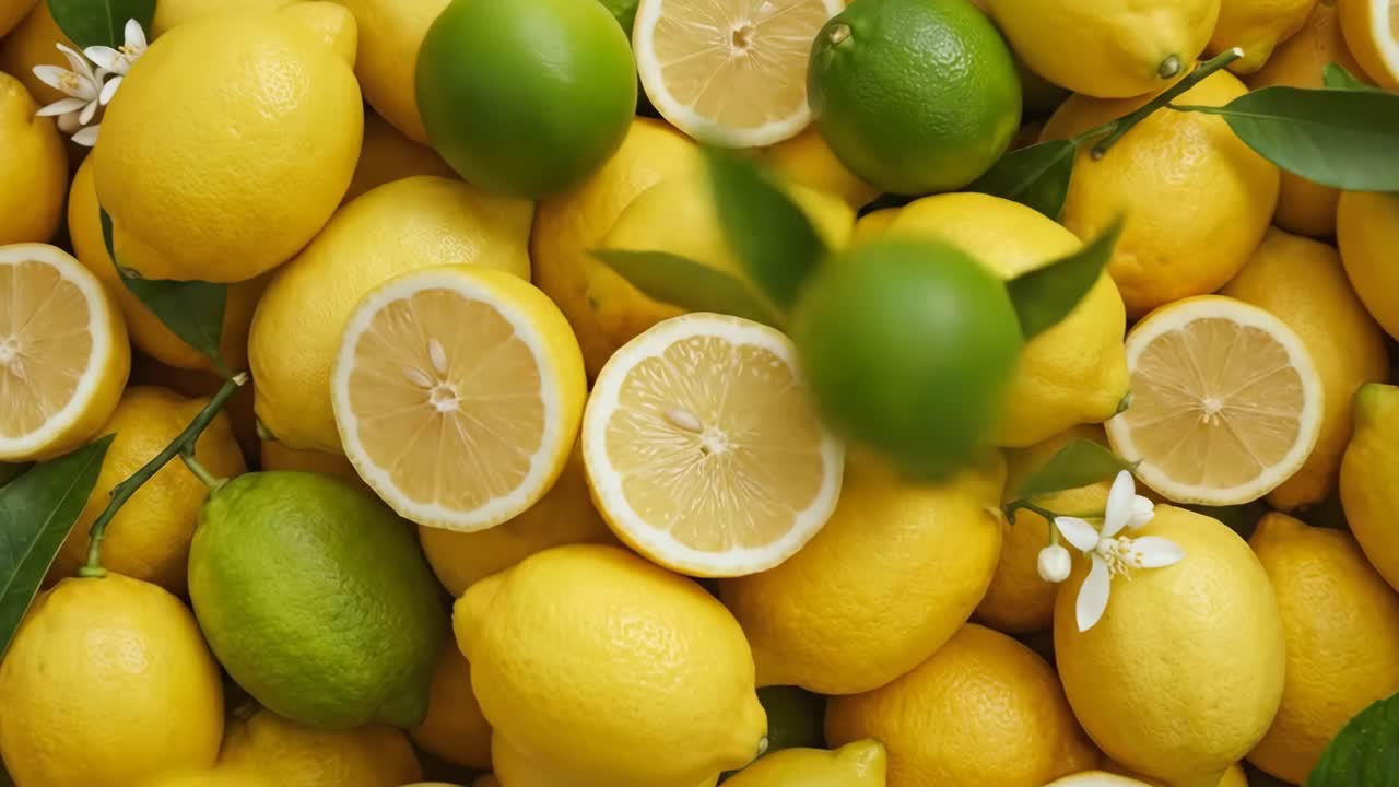 Limoni e lime vivaci con fiori e fette