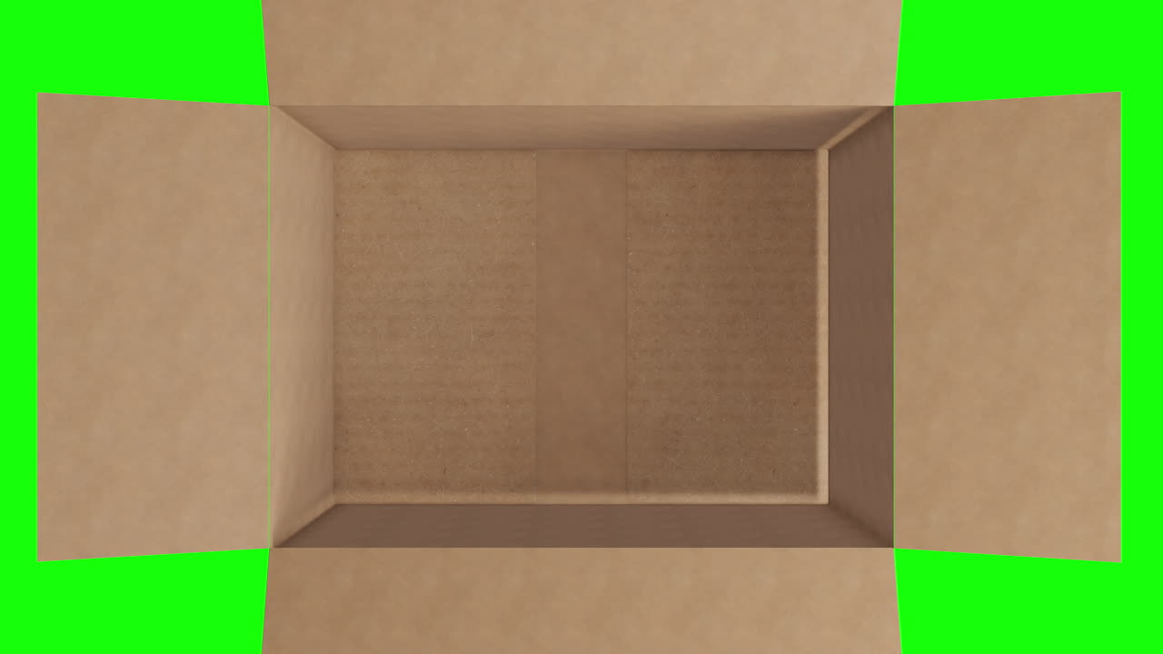 Overhead of empty brown cardboard box with lid opening on green screen background