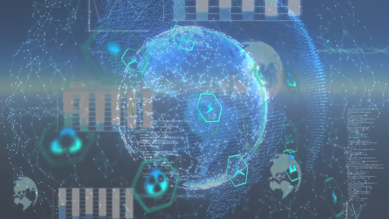 디지털 아이콘, 데이터 처리, 연결 네트워크 및 파란색 배경의 지구의 애니메이션