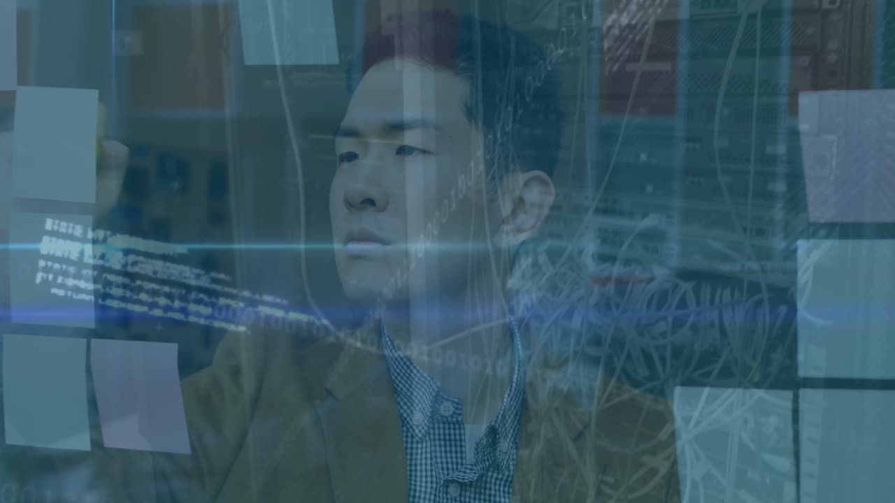 사무실에 있는 아시아 사업가에 대한 데이터 처리 애니메이션