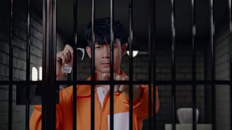 close up of asian male prisoner standing in prison, showing broken handcuffs and pointing his finger towards you