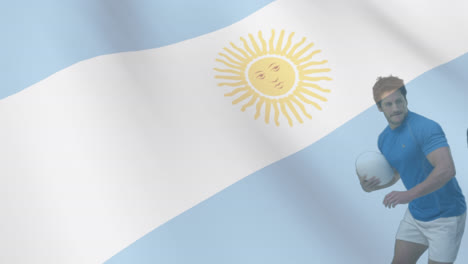 Jugador-De-Rugby-Siendo-Abordado-Por-Otro-Jugador-Con-Una-Bandera-Argentina-Al-Fondo.