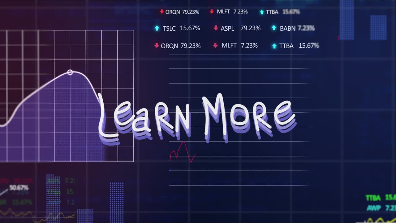 Animation of learn more text and data processing on blue background