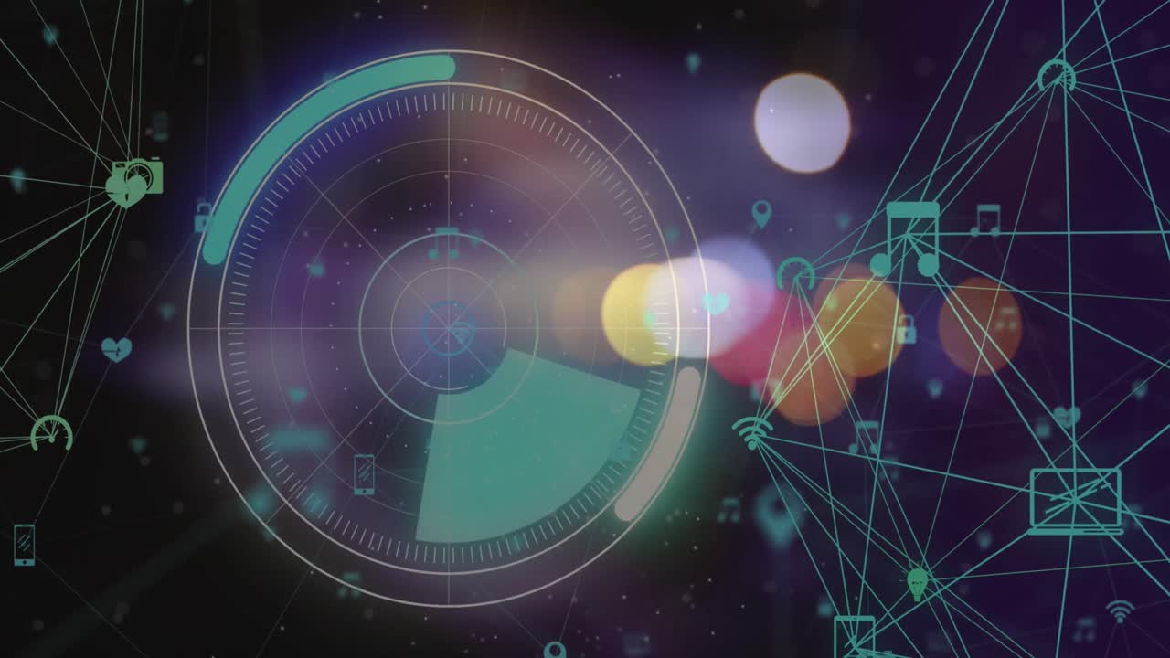 처리 원, 연결 및 어두운 공간 위에 흐릿한 신호등의 애니메이션