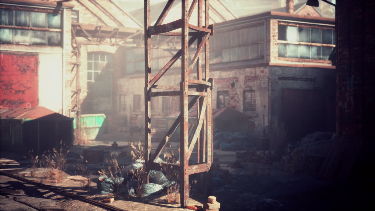 벽돌 전면과 함께 오래된 버려진 산업 거리 전망