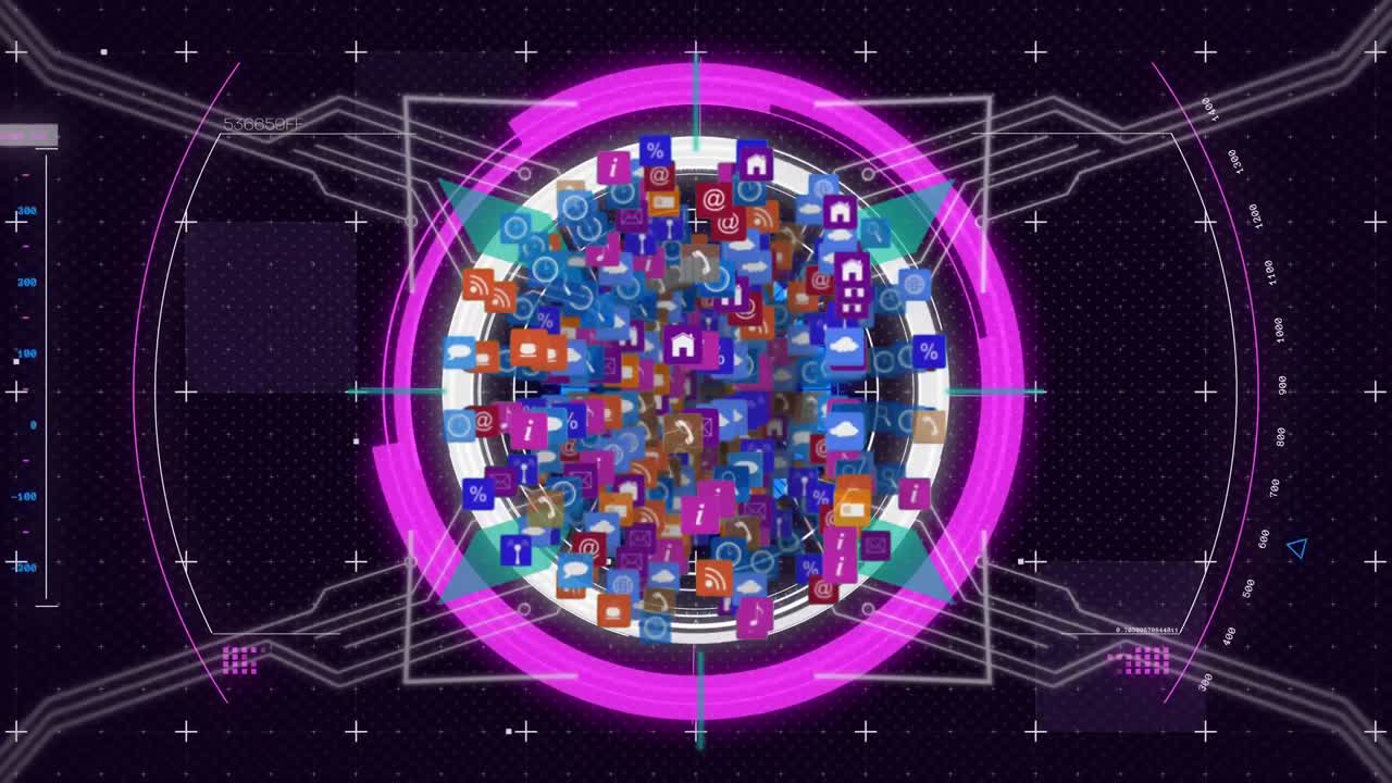 검은 바탕에 회전하는 디지털 아이콘의 전 세계에 대한 범위 스캐너의 디지털 애니메이션