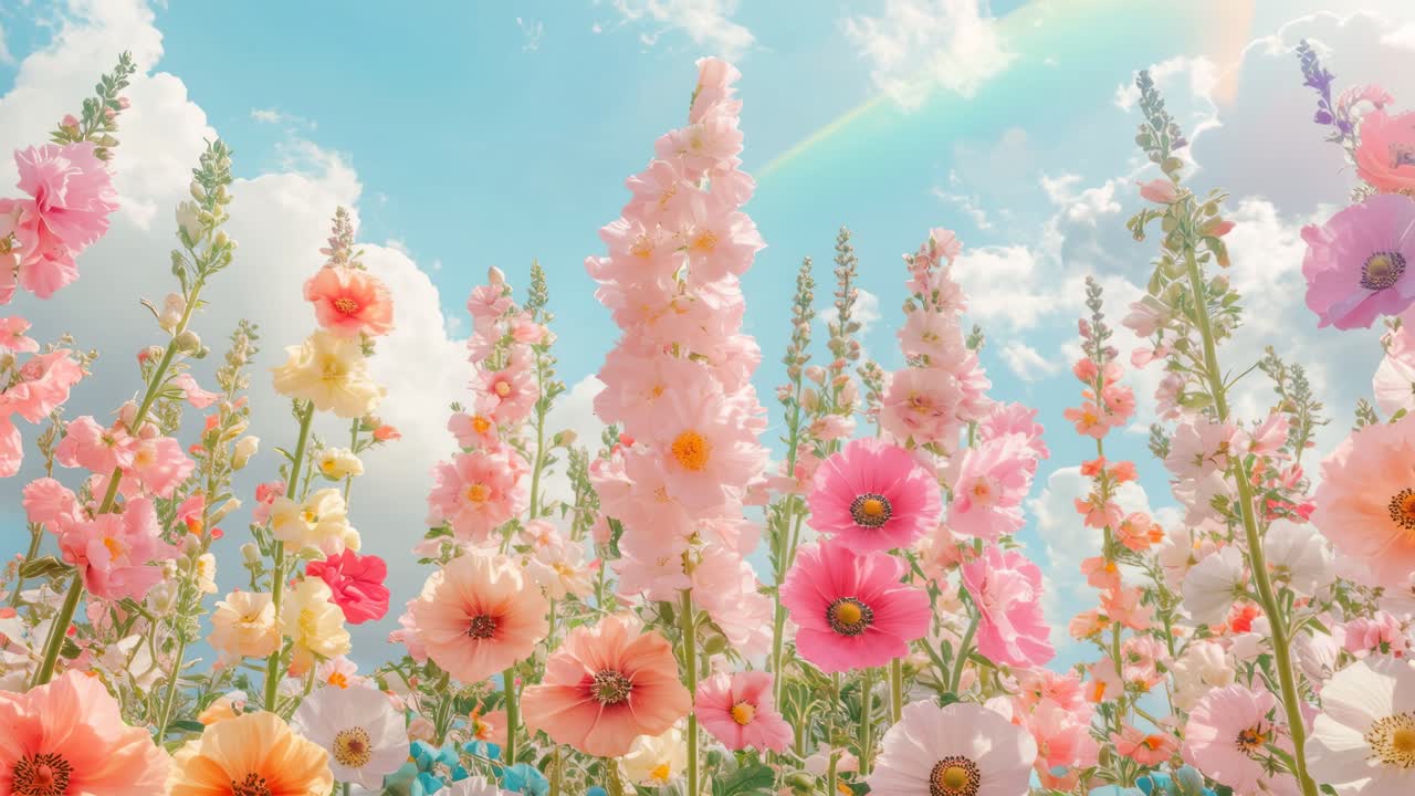 Low-angle video of vibrant pastel flowers under a bright sky, capturing a dreamy, serene scene