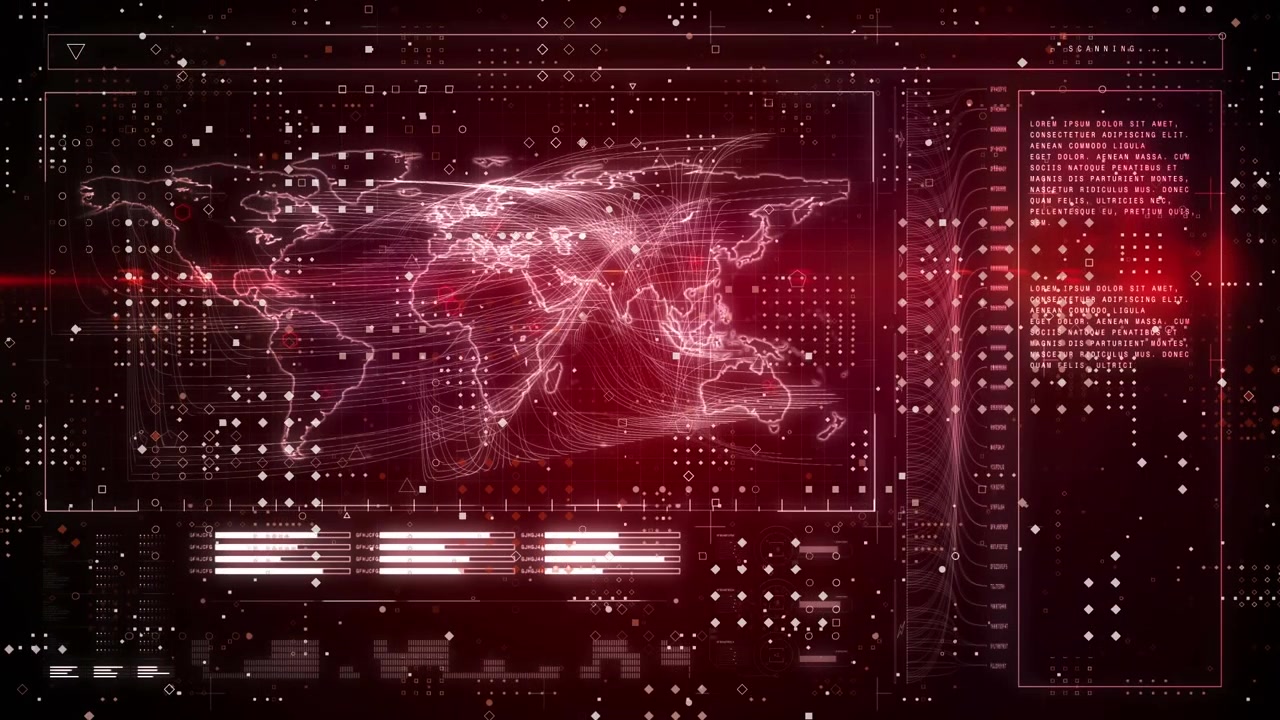 Animation of world map with data processing on black background
