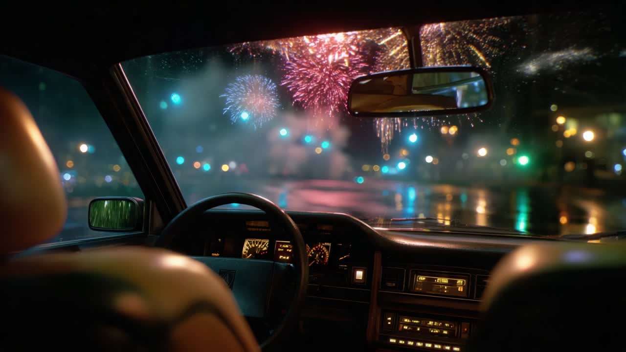 A Captivating View Inside a Car with a Front-row Seat to Explosive Fireworks Display, as Colorful Pyrotechnics Illuminate the Night Sky and Reflections Dance on a Rain-soaked Street