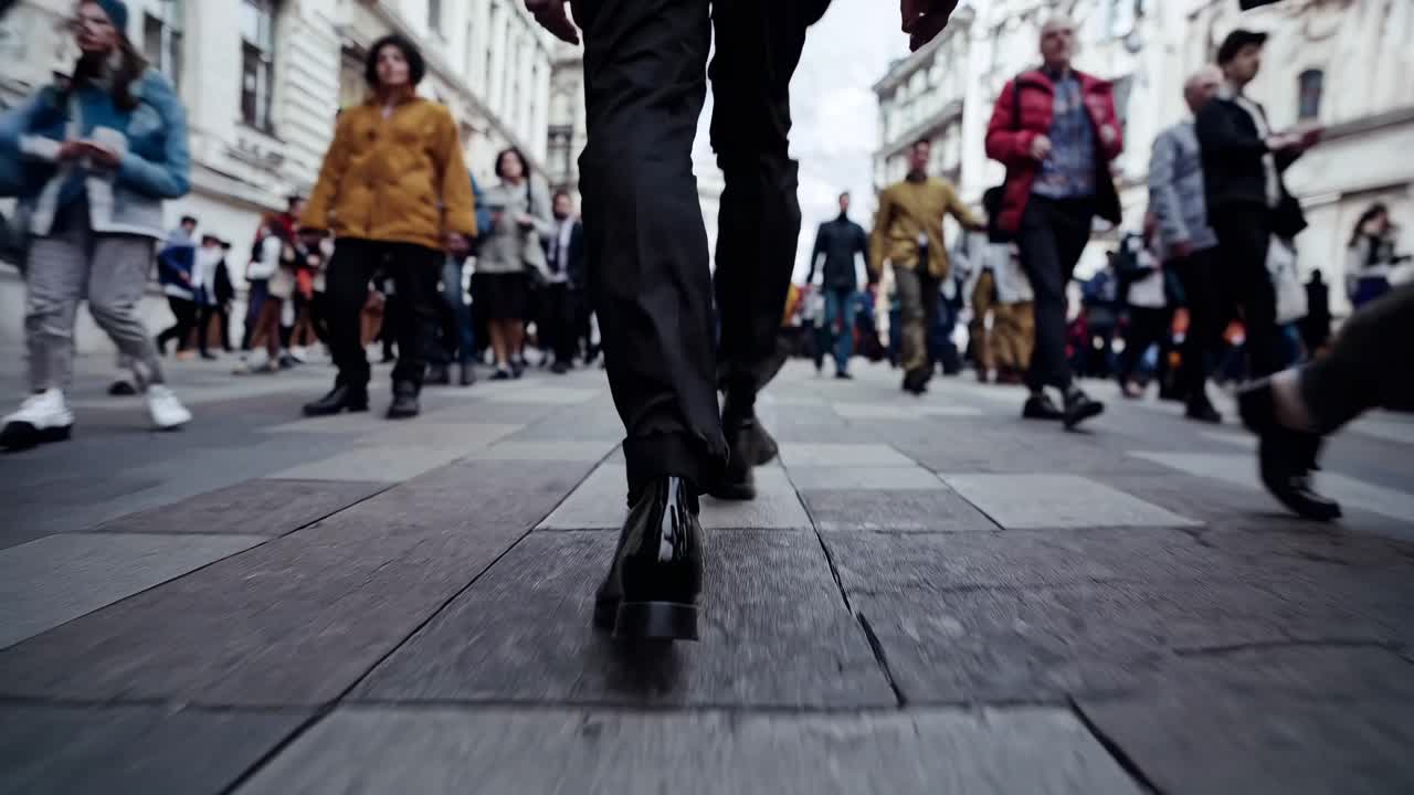 Low-angle video shot of a person walking on a busy street, capturing the movement and hustle