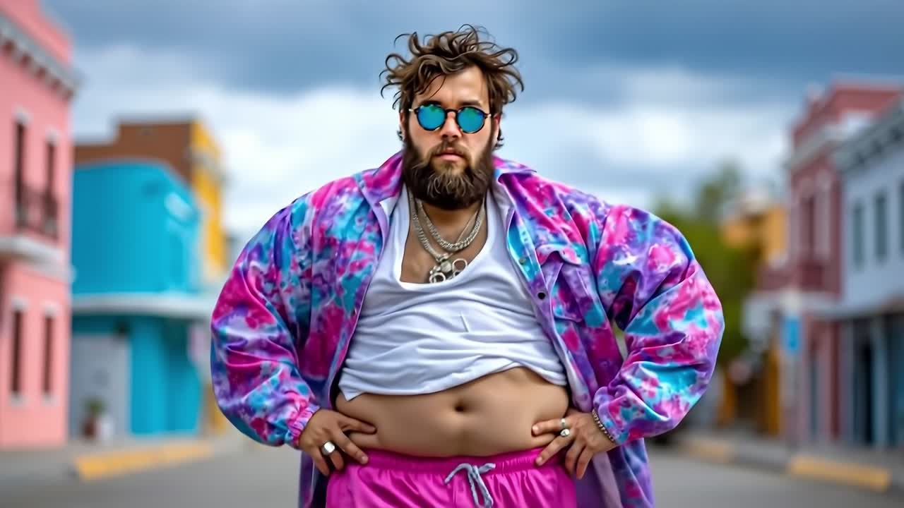 A man with a beard wearing a tie dye jacket and sunglasses