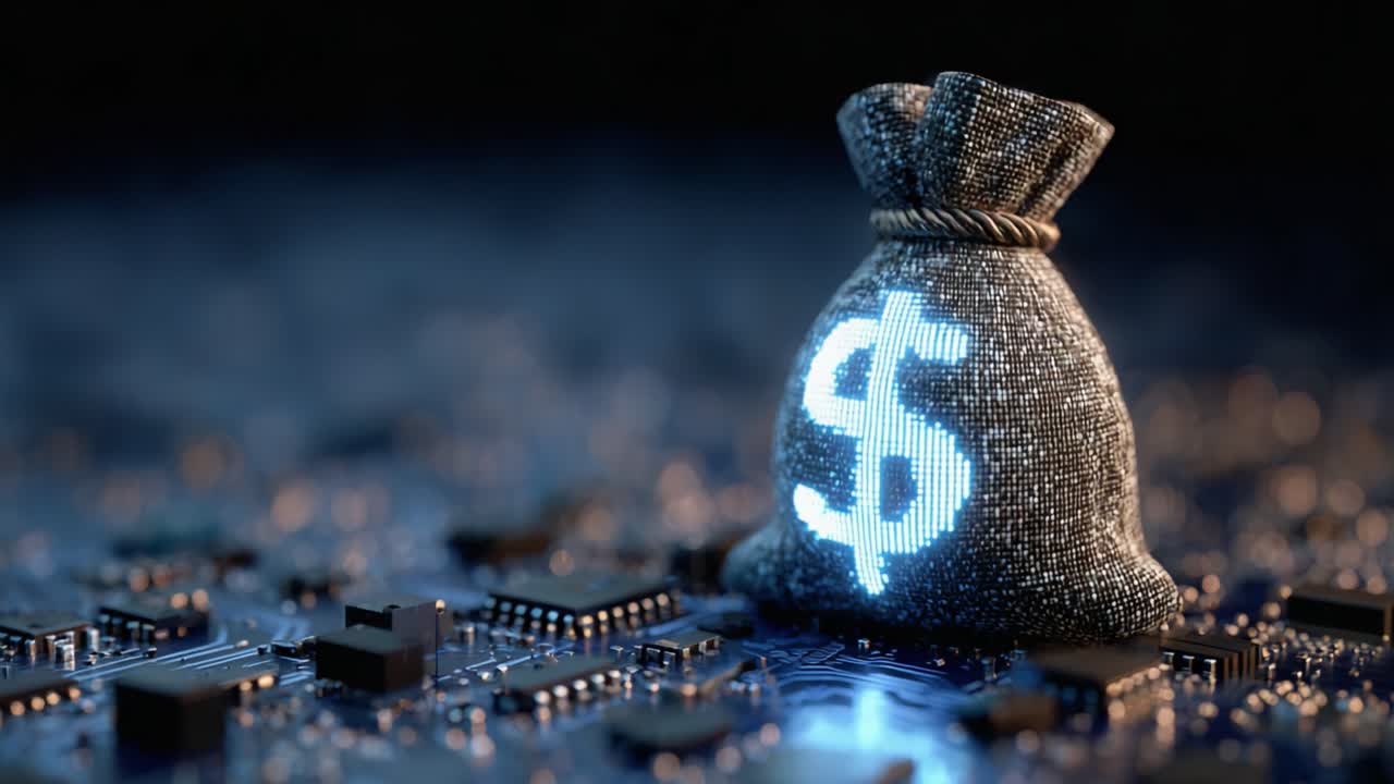 A visually striking representation of wealth and technology, showcasing a glowing money bag against a backdrop of digital circuitry, symbolizing the intersection of finance and innovation