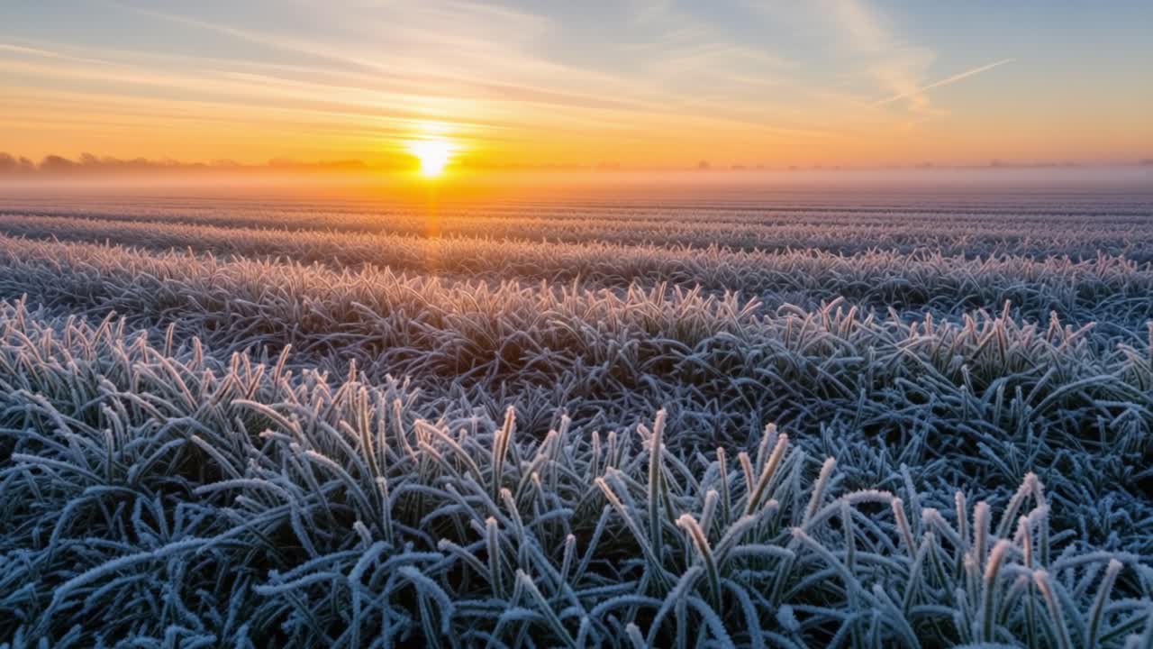 Breathtaking Winter Sunrise Over a Frost-Covered Field: Captivating Colors and Natural Beauty of a Chilly Morning Atmosphere