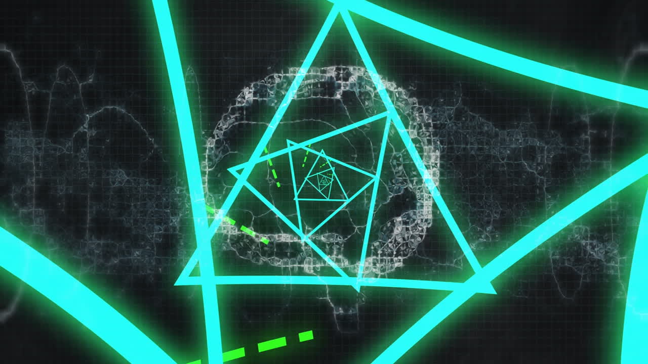 Central glowing cyan spiral being visualized in tech interface, showing dashed green segments