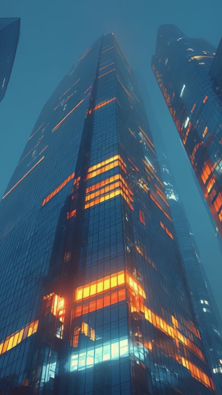 Uma Perspectiva Deslumbrante de um Arranha-céu Moderno ao Anoitecer, Exibindo Superfícies de Vidro Refletoras e Destaques de Néon Vibrantes Contra um Fundo Urbano Nebuloso