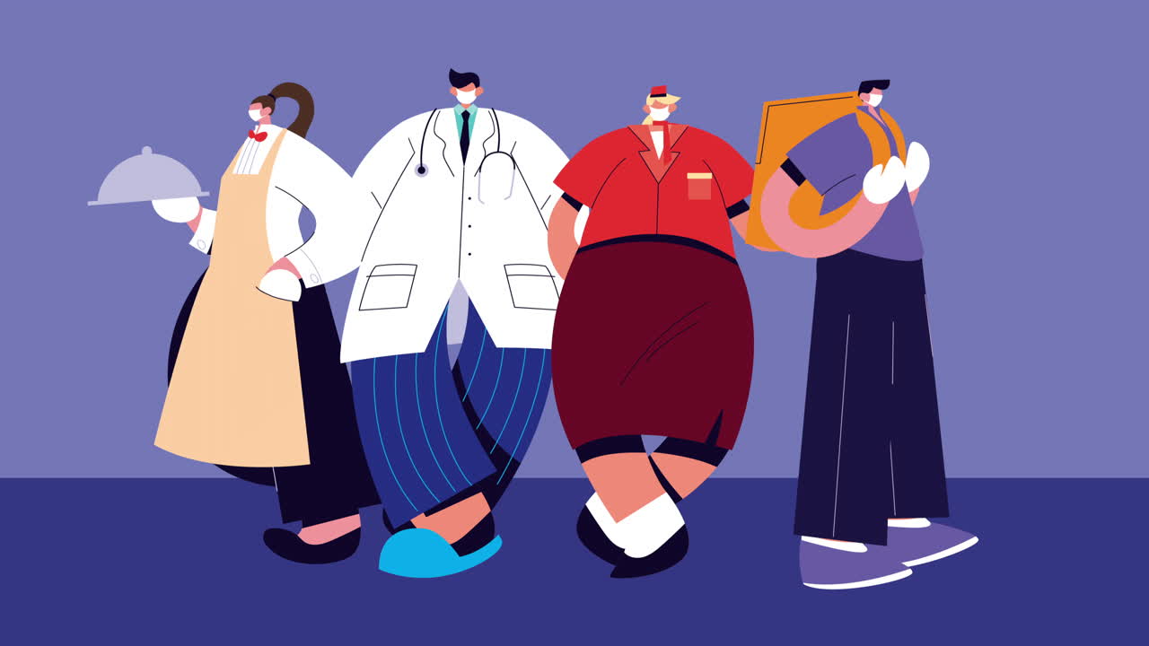 의료 마스크를 착용한 전문직 노동자 그룹