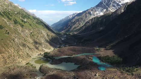 drone shot of the mountains valley and turquoise waters at naltar valley in pakistan, aerial shot