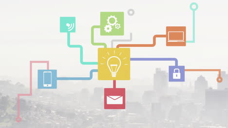 animation of network of connections with icons and data processing over cityscape