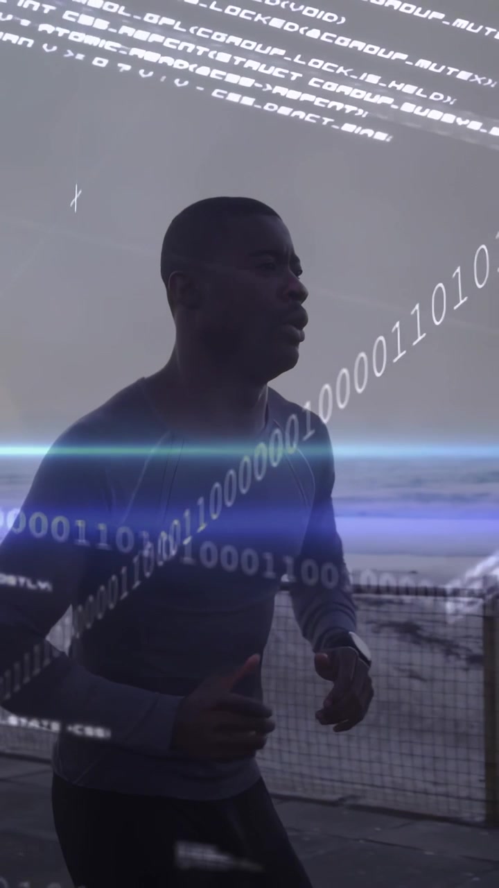 Vertical video: Man jogging sea promenade camera pulling back as AR binary code overlaying health