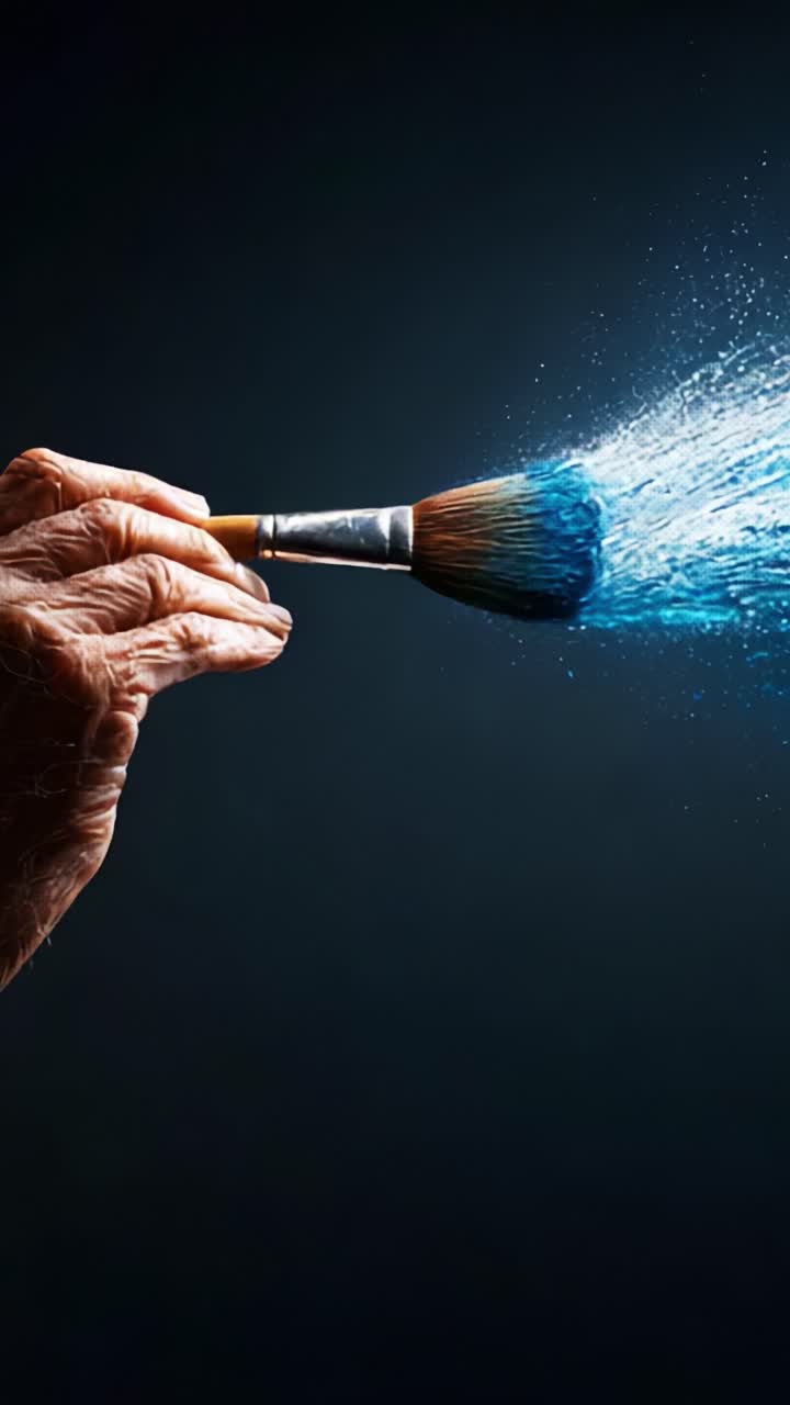 An Elderly Hand Wielding a Paint Brush Creates a Cloud of Blue Colors, Capturing the Essence of Artistry and Creativity in a Magical Moment of Expression