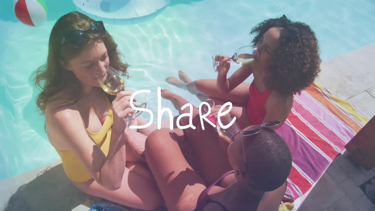 Women in swimsuits holding drinks by pool with animation text overlay