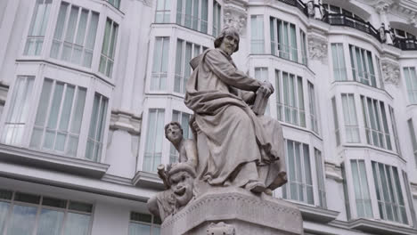 Beautiful slow motion zoom in shot of a famous statue of old artists in the city of Madrid during the day.