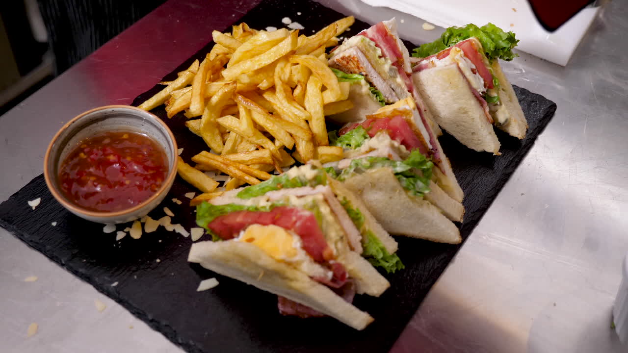 Club Sandwich with Fries and Sauce