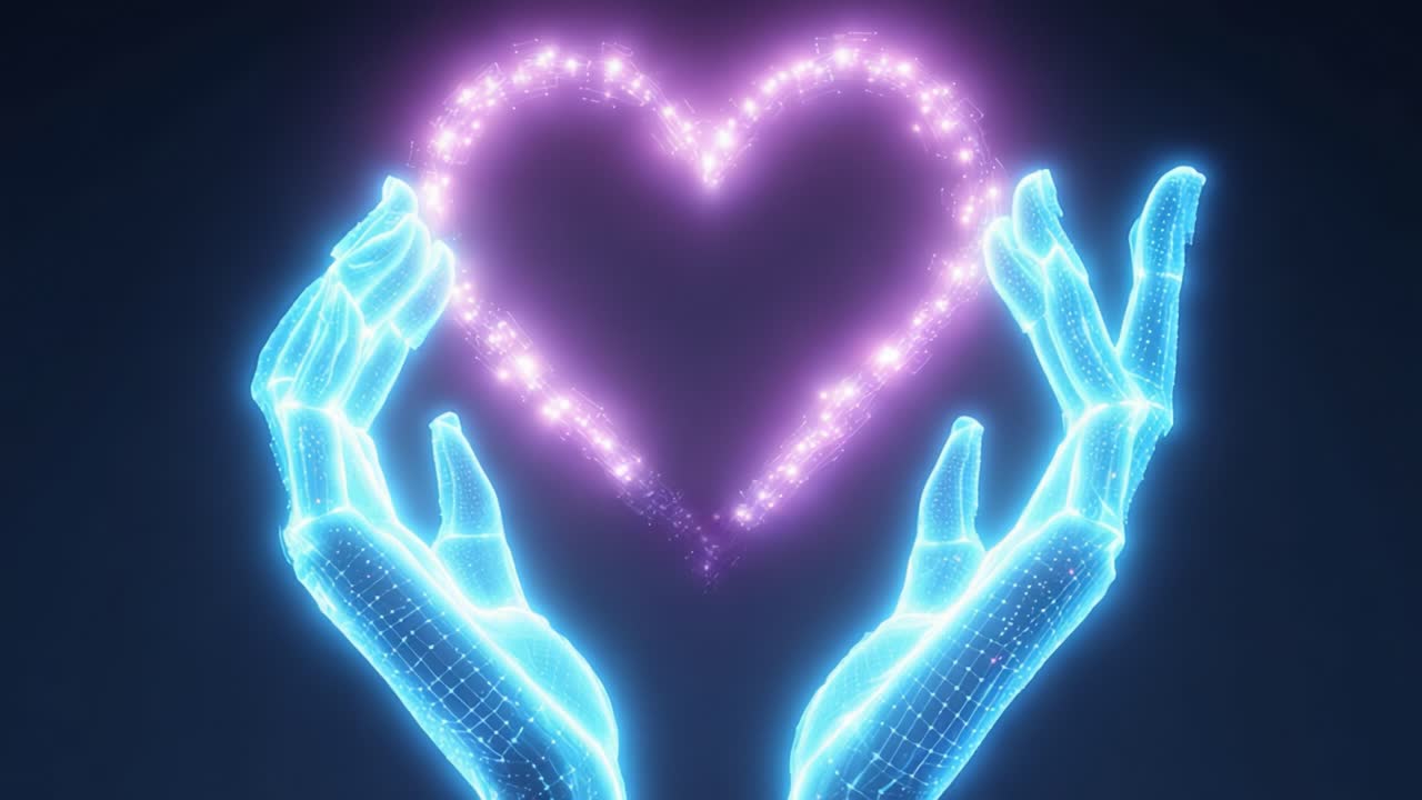 A Glowing Digital Heart Created by Two Hands in a Futuristic Display of Love and Technology, Symbolizing Connection and Emotions in a Virtual World