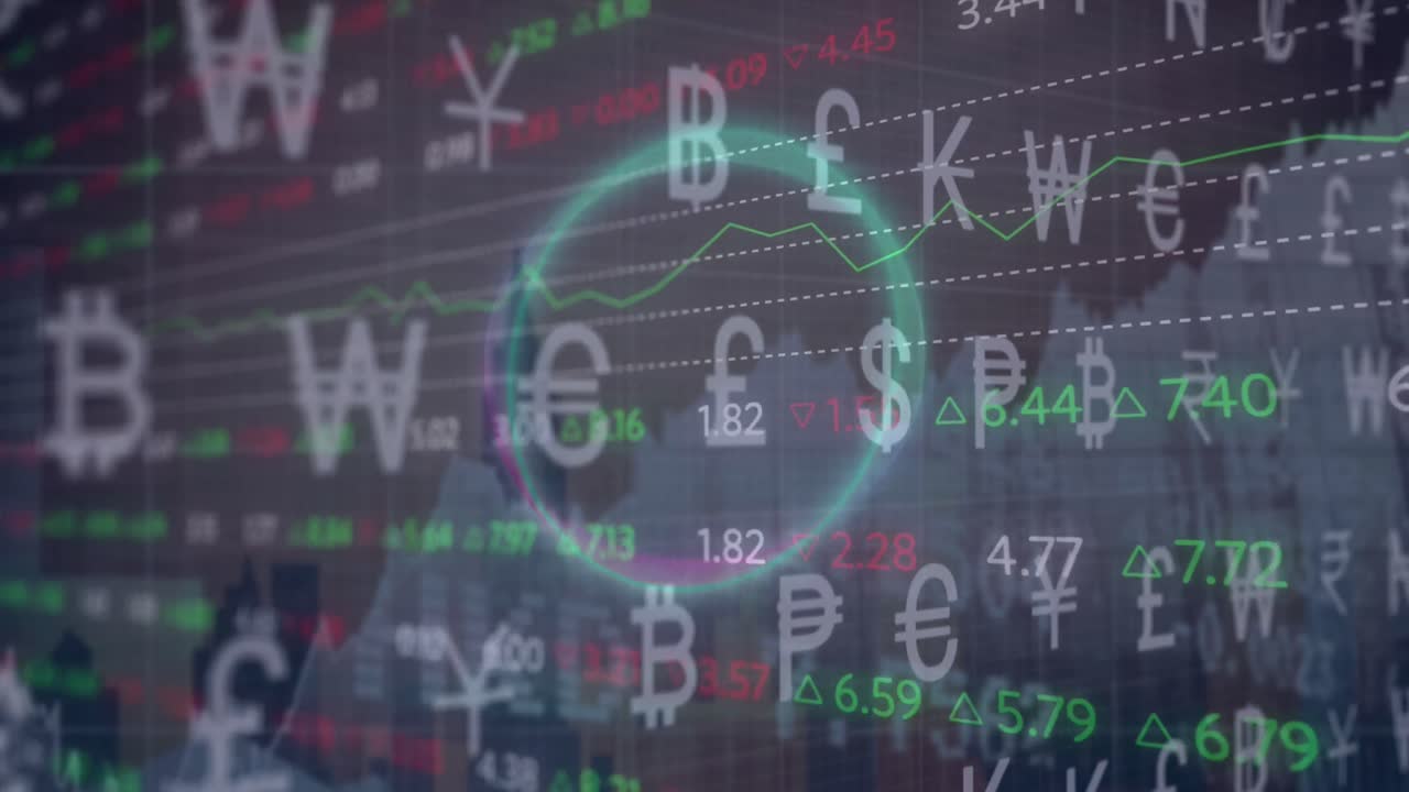 하늘을 배경으로 현대적인 건물 위에 통화 기호, 원 및 거래 보드의 애니메이션