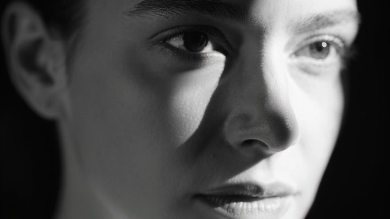 Key light sweeping across woman's face in studio with dark backdrop, showing micro movements