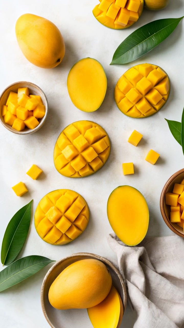 Un lento movimento della telecamera rivela pezzi di mango giallo brillante e metà intagliate accanto a frutti interi, foglie verdi lucide, piccole ciotole e tessuto morbido in una composizione alimentare pulita e vista dall'alto