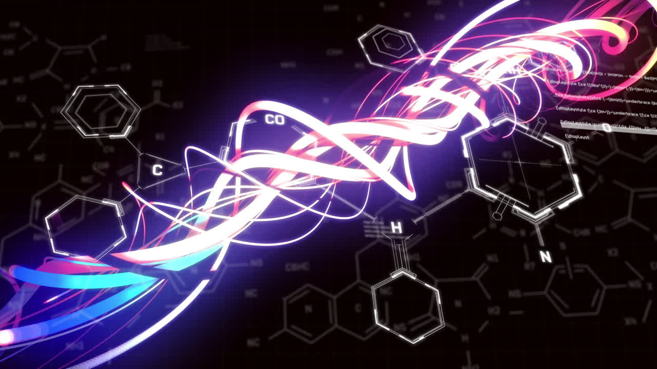 Animation of scientific data processing and light trails over dark background