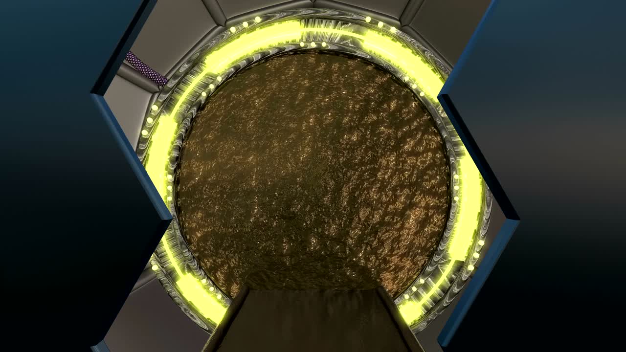 la escotilla de hierro abre una vista panorámica a la escena del paisaje de la nave espacial. fondo abstracto 3d de corredor de ciencia ficción con portal. tecnología futurista abstracto vj para títulos tecnológicos y fondo.